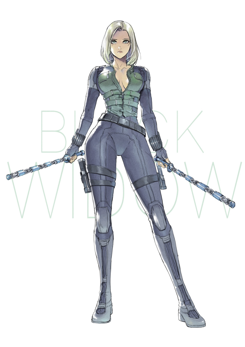 1girl absurdres ammunition_pouch armor avengers baton belt black_widow blonde_hair bodysuit breasts cleavage closed_mouth collarbone devonpan dual_wielding fingerless_gloves from_below gloves green_eyes highres holding holding_weapon large_breasts marvel open_bodysuit pouch short_hair skin_tight solo standing thigh_strap unzipped utility_belt weapon