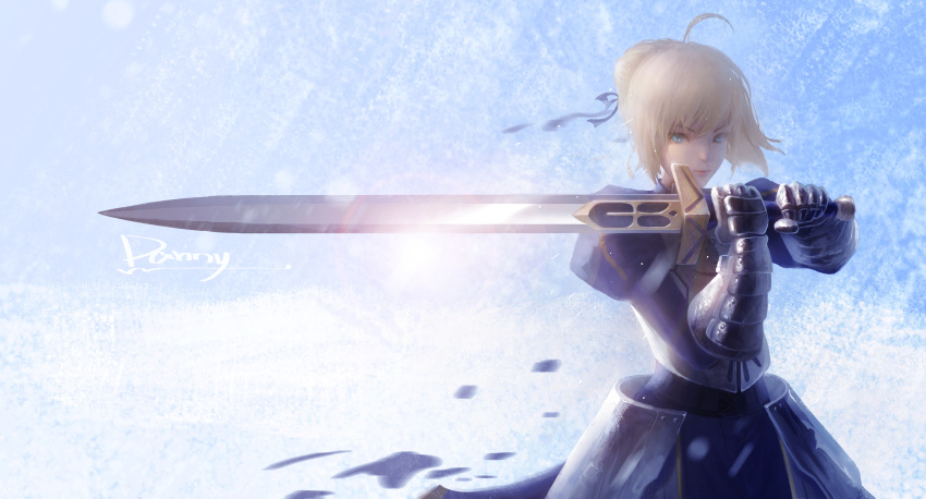 1girl absurdres ahoge armor armored_dress artist_name artoria_pendragon_(all) blonde_hair blue_eyes blue_ribbon braid danny_(china) excalibur eyebrows_visible_through_hair fate/stay_night fate_(series) french_braid hair_ribbon highres lens_flare ribbon saber solo sword weapon