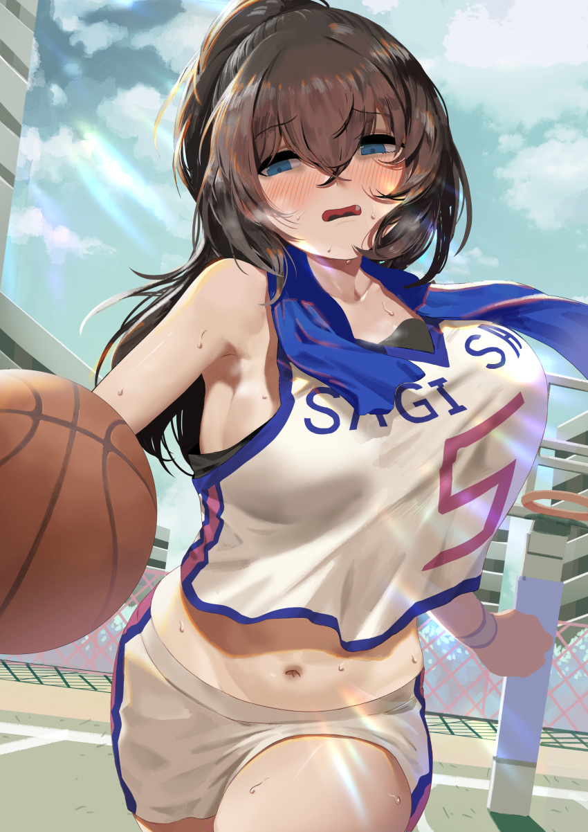 1girl absurdres armpits ball bare_shoulders basketball basketball_court basketball_hoop basketball_jersey basketball_uniform blue_eyes blue_sky blush breasts brown_hair bsue clouds collarbone curvy dribbling eyebrows_visible_through_hair hair_between_eyes highres idolmaster idolmaster_cinderella_girls idolmaster_cinderella_girls_starlight_stage large_breasts navel open_mouth outdoors running sagisawa_fumika short_shorts shorts sideboob sky sportswear sweat sweatdrop thighs wristband