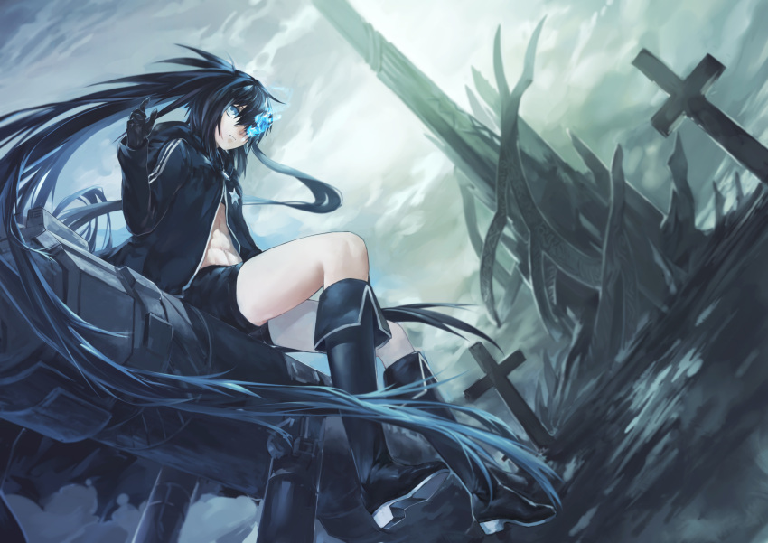 1girl absurdly_long_hair absurdres azomo black_footwear black_gloves black_hair black_jacket black_rock_shooter black_rock_shooter_(character) black_shorts blue_eyes boots burning_eye closed_mouth clouds cloudy_sky commentary_request floating_hair gloves hair_between_eyes high_heel_boots high_heels highres hood hood_down hooded_jacket jacket latin_cross long_hair looking_at_viewer open_clothes open_jacket outdoors overcast short_shorts shorts sitting sky solo very_long_hair