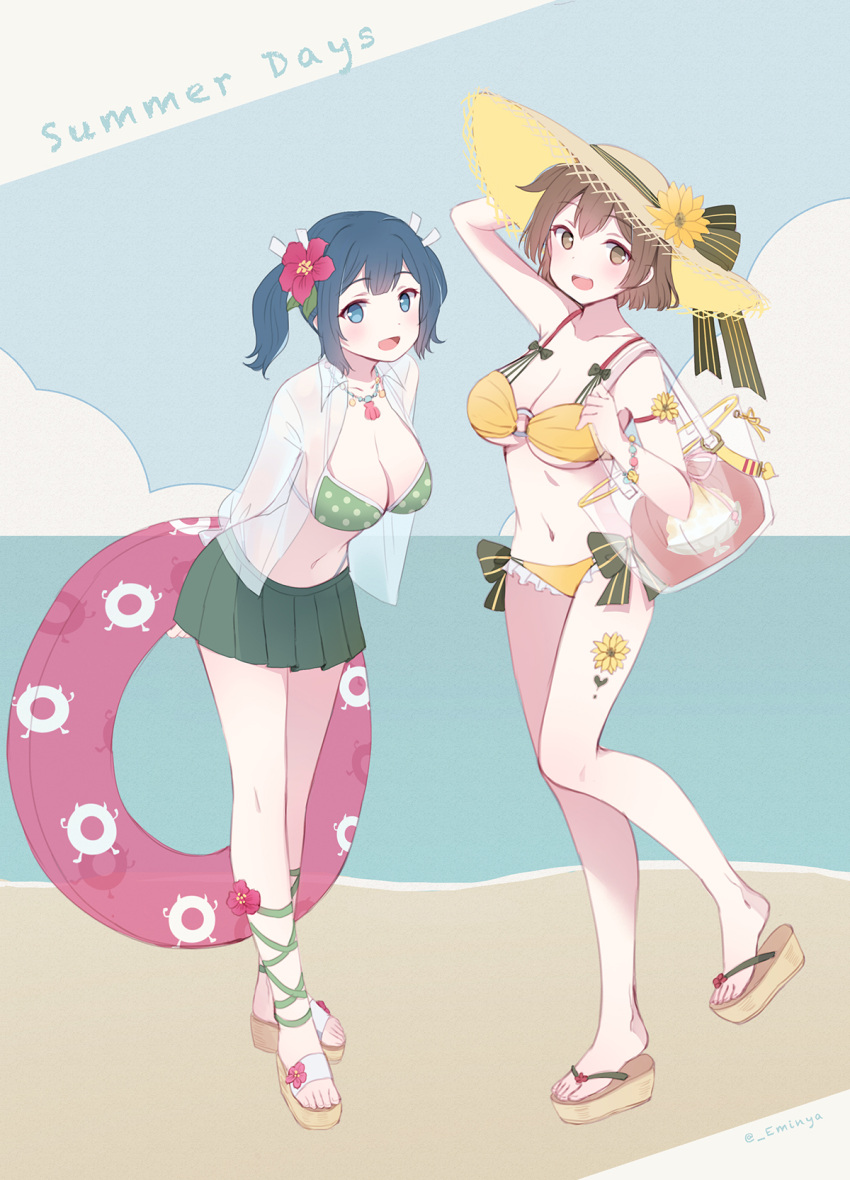 2girls bag beach bikini blue_eyes blue_hair blue_sky blush bow bow_swimsuit breasts brown_eyes brown_hair cleavage clouds commentary_request day emia_wang enemy_lifebuoy_(kantai_collection) flower frilled_bikini frills full_body green_bikini green_bikini_top green_skirt hair_flower hair_ornament hair_ribbon hat highres hiryuu_(kantai_collection) innertube jewelry kantai_collection looking_at_viewer medium_breasts multiple_girls navel necklace ocean open_mouth outdoors pleated_skirt polka_dot_bikini_top ribbon sand sandals see-through shell short_hair side-tie_bikini skirt sky slippers smile solo souryuu_(kantai_collection) straw_hat sun_hat swimsuit swimsuit_under_clothes twintails yellow_bikini