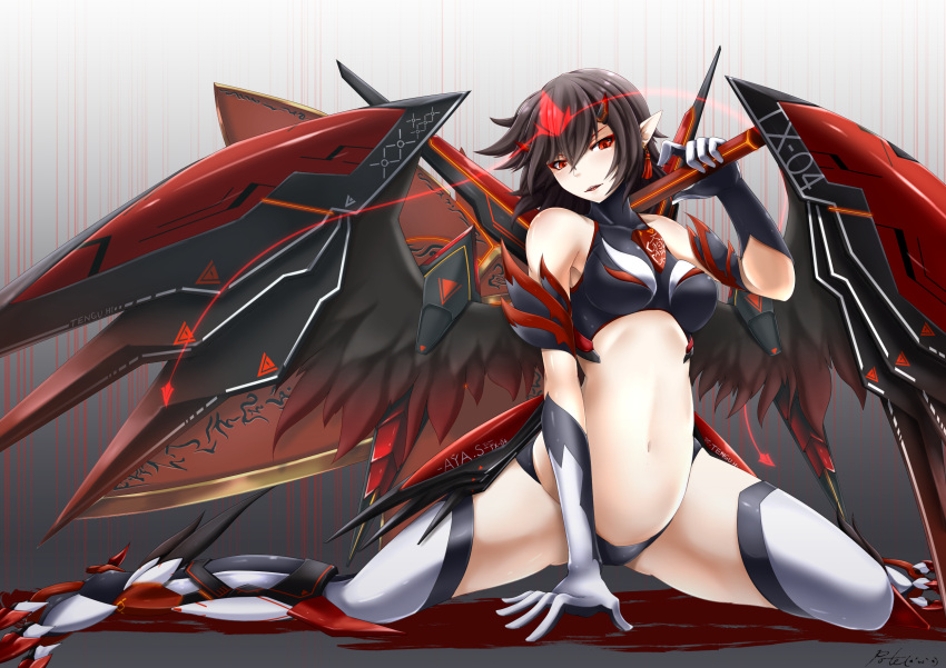1girl alternate_costume ambiguous_red_liquid arm_cuffs arm_support armor ass_visible_through_thighs bangs bare_shoulders black_gloves black_hair black_panties breasts character_name collarbone commentary_request crop_top earrings fan gloves gradient gradient_background greaves grey_background hair_between_eyes hand_up head_tilt highres holding holding_fan inyuppo jewelry looking_at_viewer medium_breasts midriff navel no_hat no_headwear panties parted_lips pointy_ears red_eyes shameimaru_aya short_hair signature sitting solo stomach thigh-highs thighs touhou turtleneck two-tone_gloves underwear wariza white_gloves white_legwear