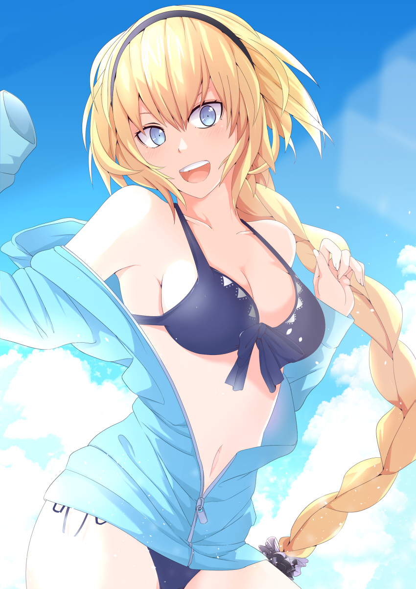 1girl :d absurdres bikini black_hairband blonde_hair blue_bikini blue_eyes blue_jacket blue_sky braid breasts cleavage clouds collarbone cosmicsnic day fate/grand_order fate_(series) floating_hair front-tie_bikini front-tie_top hair_between_eyes hair_ornament hairband highres jacket jeanne_d'arc_(fate)_(all) jeanne_d'arc_(swimsuit_archer) long_hair looking_at_viewer medium_breasts off_shoulder open_clothes open_jacket open_mouth outdoors side-tie_bikini sideboob single_braid sky smile solo standing swimsuit unzipped very_long_hair