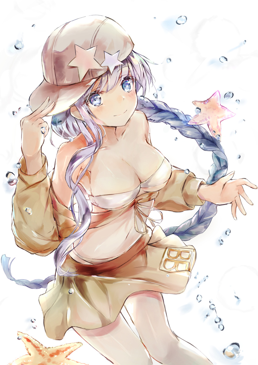 1girl absurdres animal arm_up bangs bare_shoulders baseball_cap bb_(fate)_(all) bb_(swimsuit_mooncancer)_(fate) bikini blush braid breasts brown_jacket brown_skirt character_name cleavage closed_mouth collarbone commentary_request eyebrows_visible_through_hair fate/grand_order fate_(series) fingernails hair_between_eyes hanagin hand_on_headwear hat highres jacket long_hair long_sleeves medium_breasts off_shoulder pleated_skirt puffy_long_sleeves puffy_sleeves purple_hair sideways_hat simple_background single_braid skirt smile solo star starfish swimsuit very_long_hair violet_eyes water_drop white_background white_bikini white_hat