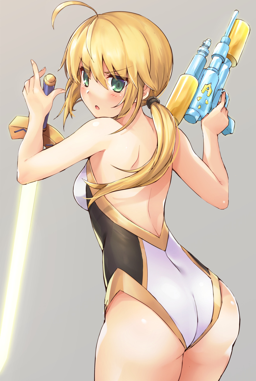 1girl absurdres artoria_pendragon_(all) ass blonde_hair casual_one-piece_swimsuit commentary_request cowboy_shot excalibur fate/grand_order fate/stay_night fate/zero fate_(series) from_behind green_eyes grey_background highres looking_back looking_to_the_side low_ponytail one-piece_swimsuit ponytail saber samoore simple_background solo super_soaker swimsuit sword two-tone_swimsuit water_gun weapon