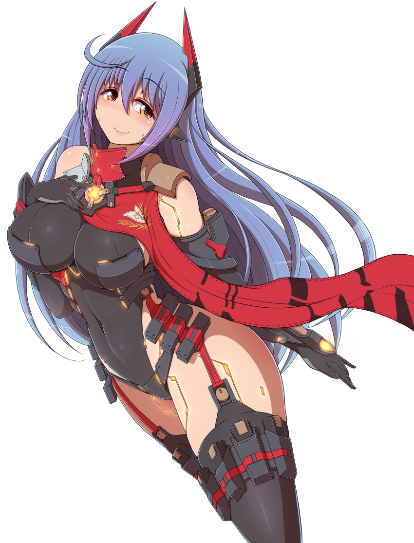 1girl absurdres android bangs black_gloves black_legwear blush breasts closed_mouth covered_navel elbow_gloves eyebrows_visible_through_hair garter_straps gloves hair_between_eyes hana_(xenoblade) hana_jd hand_on_own_chest headgear highres large_breasts leotard long_hair nintendo orange_eyes ponpo purple_hair robot_joints simple_background smile solo spoilers thigh-highs thighs very_long_hair white_background xenoblade_(series) xenoblade_2