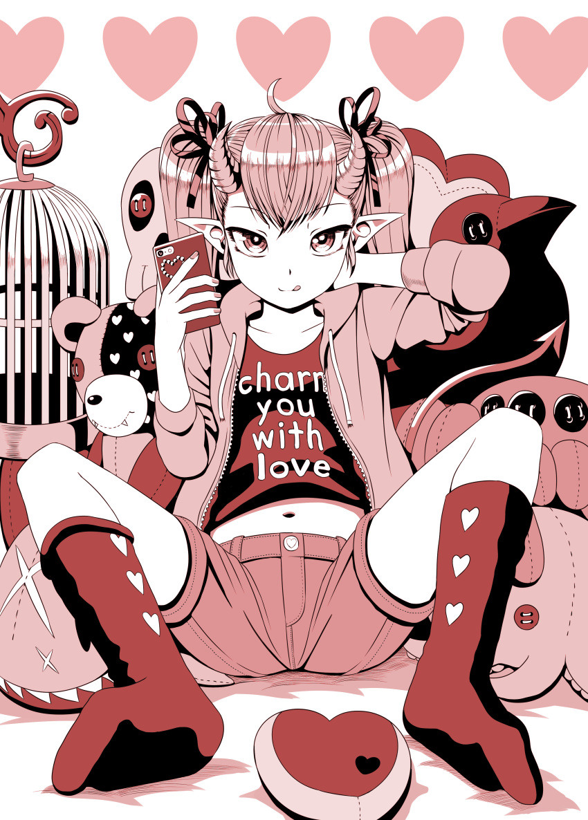 1girl absurdres ahoge bangs bed_sheet birdcage cage cellphone closed_mouth clothes_writing collarbone commentary_request curled_horns demon_girl demon_horns demon_tail drawstring eyebrows_visible_through_hair fangs fangs_out fingernails hair_between_eyes hair_ribbon hand_behind_head hand_up heart highres holding holding_cellphone holding_phone hood hood_down hooded_jacket horns jacket kneehighs licking_lips long_sleeves looking_at_viewer monochrome navel no_shoes open_clothes open_jacket original phone pointy_ears ribbon sanbe_futoshi sepia shirt short_shorts shorts sitting smile soles solo spread_legs stuffed_animal stuffed_bird stuffed_octopus stuffed_toy succubus tail teddy_bear tongue tongue_out twintails white_background