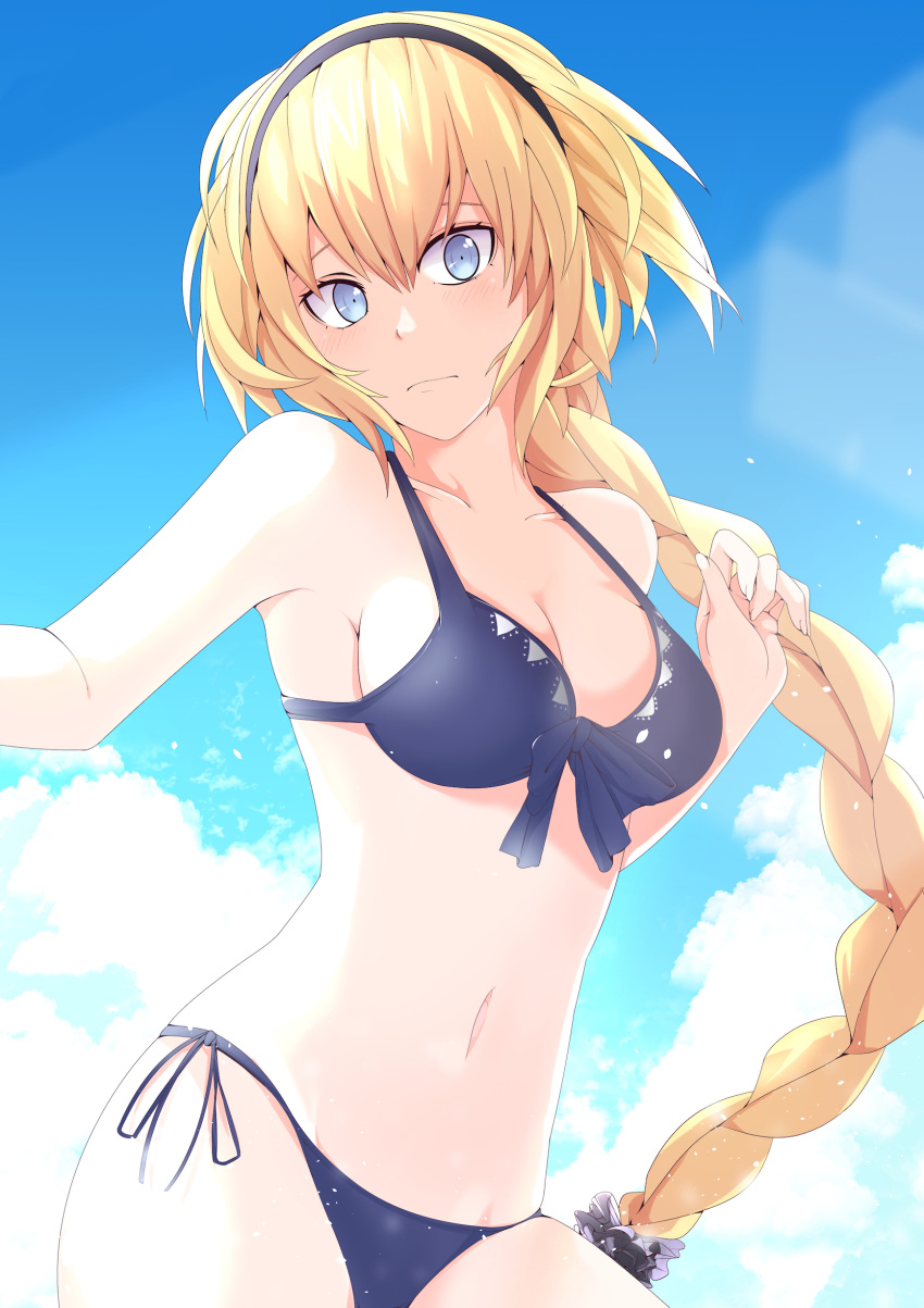 1girl absurdres bikini black_hairband blonde_hair blue_bikini blue_eyes blue_sky braid breasts cleavage clouds collarbone cosmicsnic day fate/apocrypha fate/grand_order fate_(series) floating_hair front-tie_bikini front-tie_top groin hair_between_eyes hair_ornament hairband highres jeanne_d'arc_(fate)_(all) jeanne_d'arc_(swimsuit_archer) long_hair looking_at_viewer medium_breasts navel outdoors side-tie_bikini sideboob single_braid sky solo standing swimsuit very_long_hair