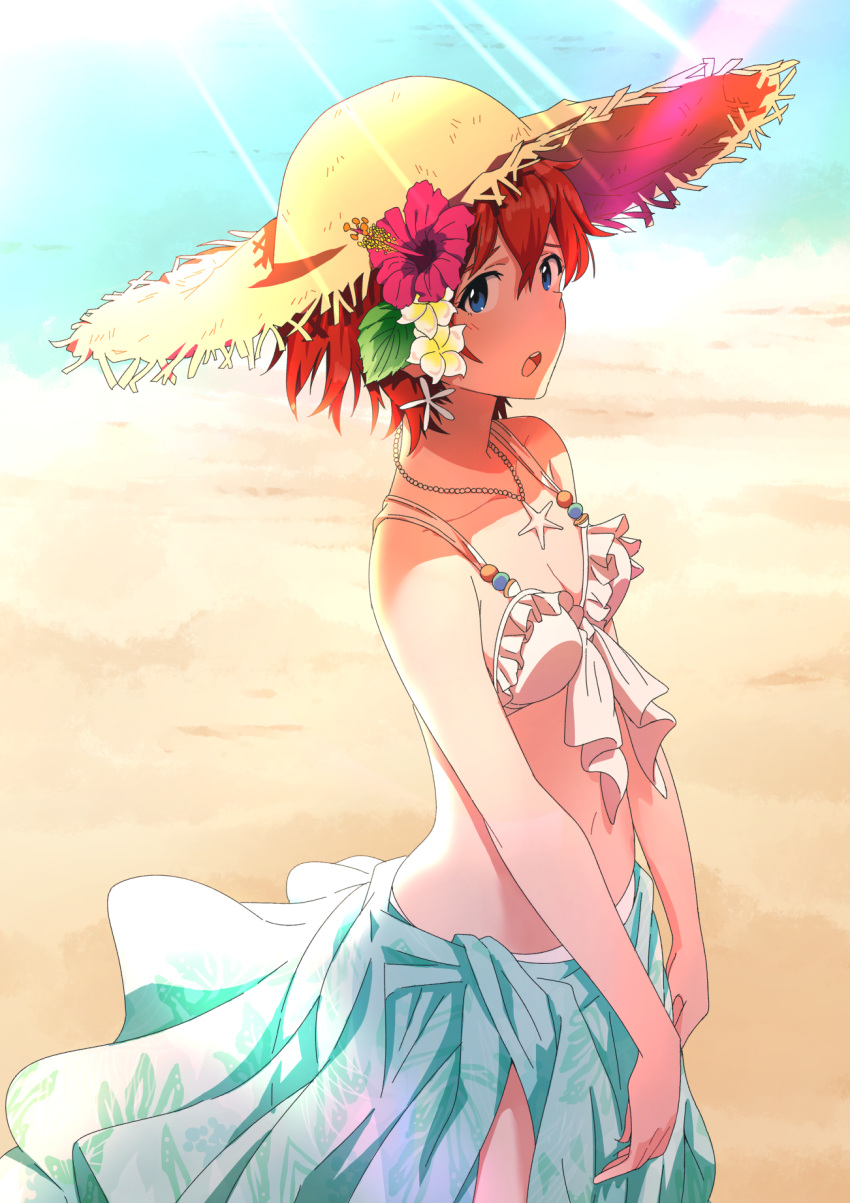 1girl beach blue_eyes blue_sky breasts cleavage collarbone day floral_print flower frilled_bikini_top hair_flower hair_ornament hat hibiscus highres idolmaster idolmaster_million_live! idolmaster_million_live!_theater_days jewelry jirion julia_(idolmaster) looking_at_viewer navel necklace open_mouth outdoors red_flower redhead sarong short_hair sideboob sky small_breasts solo standing straw_hat sun_hat sunlight white_bikini_top white_flower yellow_hat