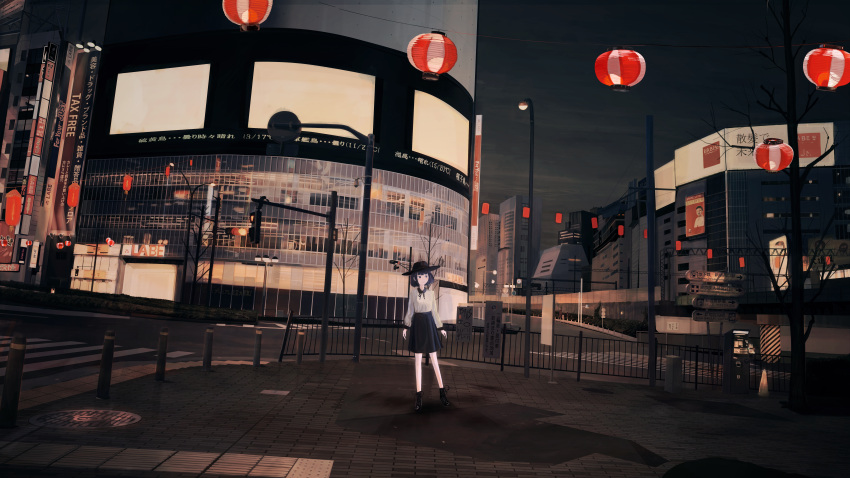 1girl absurdres artist_name banishment black_eyes black_hair black_hat black_skirt bollard email_address fence hat highres huge_filesize lamppost night original outdoors pixiv_username scenery short_hair skirt solo standing traffic_light translation_request twitter_username watermark web_address