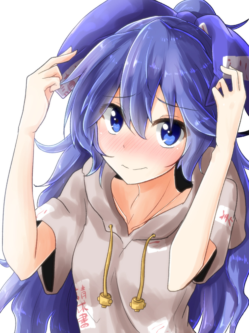 1girl 3: bangs blue_bow blue_eyes blue_hair blush bow breasts collarbone commentary_request debt drawstring eyebrows_visible_through_hair eyes_visible_through_hair grey_hoodie hair_between_eyes hair_bow hands_up highres hood hoodie long_hair looking_at_viewer nose_blush oshiaki short_sleeves simple_background small_breasts solo touhou upper_body white_background yorigami_shion