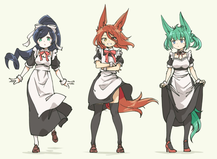 3girls :&lt; :d animal_ears apron black_dress black_hair black_legwear blue_eyes breasts brown_footwear brown_hair closed_mouth commentary crossed_arms detached_collar dress english_commentary eyebrows_visible_through_hair eyes_visible_through_hair floating_hair fox_ears fox_tail green_eyes green_hair grey_background high_heels loafers long_hair looking_at_viewer maid maid_apron medium_breasts multiple_girls neck_ribbon open_mouth orange_hair original pantyhose parted_lips pas_(paxiti) puffy_short_sleeves puffy_sleeves red_footwear red_neckwear red_ribbon ribbon shoes short_sleeves simple_background skirt_hold slit_pupils small_breasts smile standing standing_on_one_leg tail thigh-highs two_side_up white_apron white_legwear wing_collar yellow_eyes