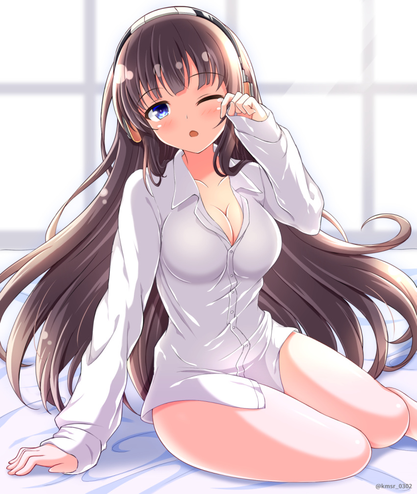 1girl arm_support artist_request azur_lane bangs bed blue_eyes blush breasts brown_hair buttons cleavage collarbone collared_shirt day dress_shirt eyebrows_visible_through_hair head_tilt headphones highres indoors large_breasts long_hair long_island_(azur_lane) long_sleeves looking_at_viewer morning naked_shirt no_pants one_eye_closed open_mouth rubbing_eyes shirt sidelocks sitting sleeves_past_wrists solo thighs twitter_username waking_up window yokozuwari