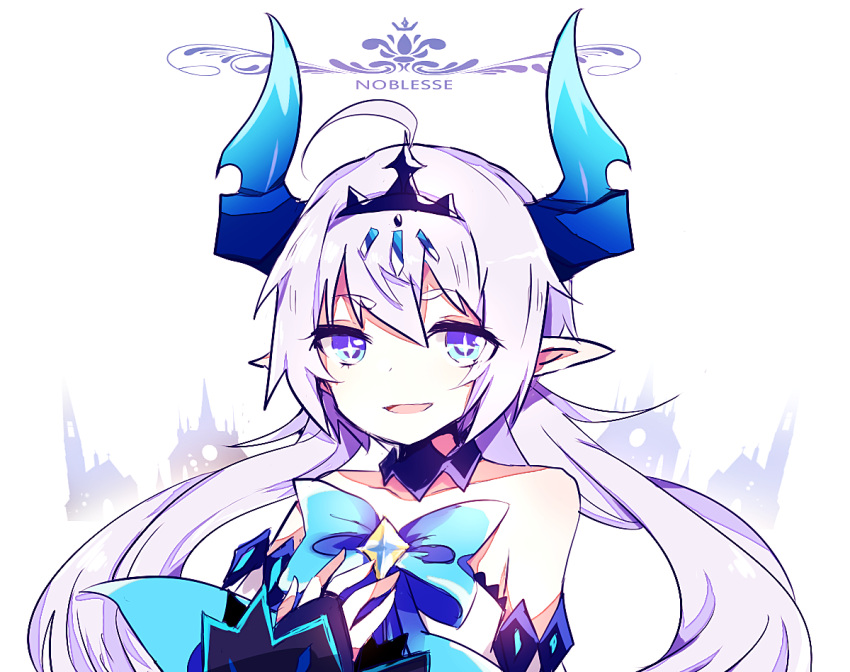 1girl crown demon_girl demon_horns elsword eyebrows_visible_through_hair horns long_hair luciela_r._sourcream luruko61 noblesse_(elsword) open_mouth pointy_ears ribbon smile star star-shaped_pupils symbol-shaped_pupils white_hair