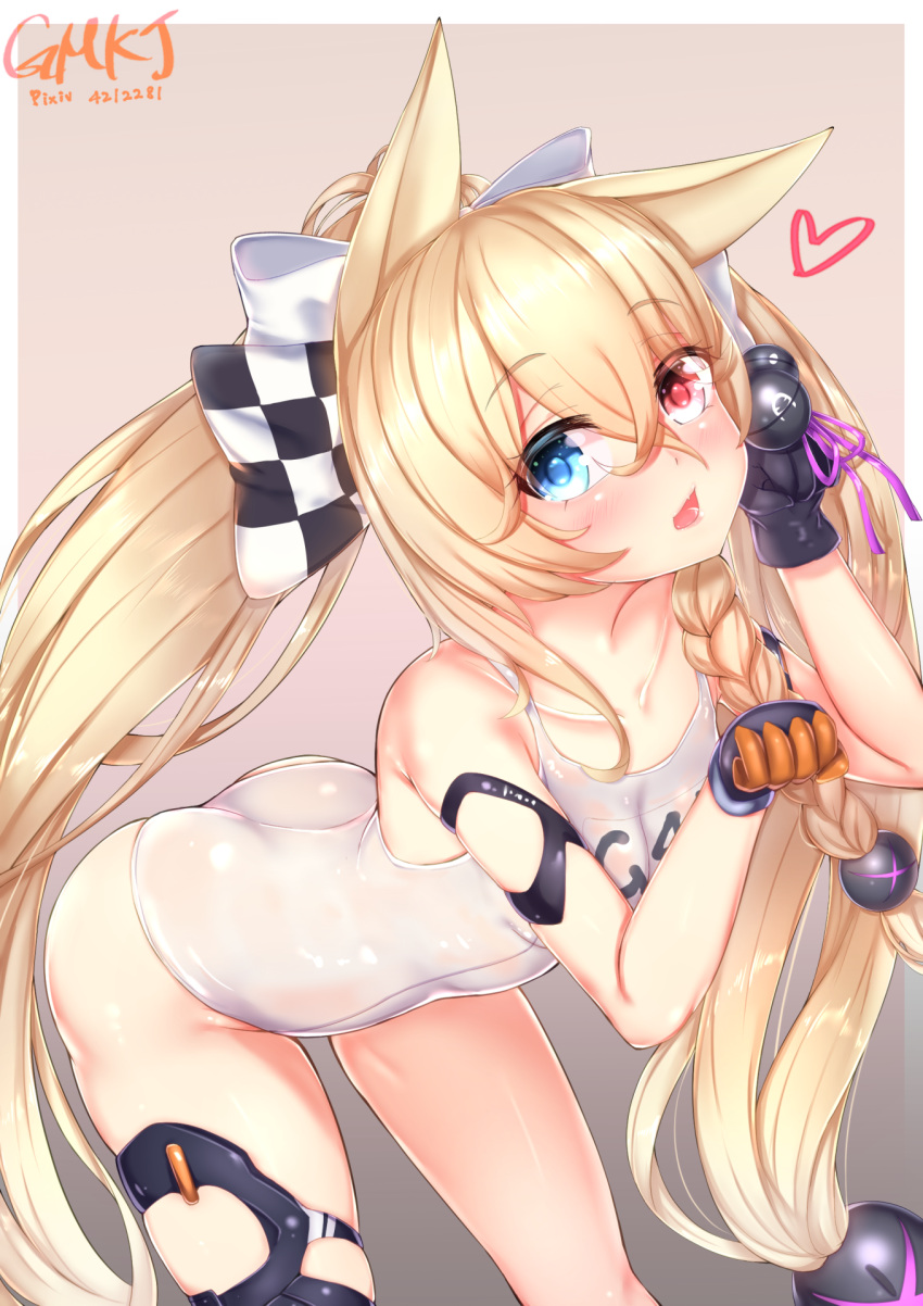 1girl :d animal_ears artist_name ass bangs bare_shoulders black_gloves blonde_hair blue_eyes blush bow braid breasts brown_background cat_ears character_name checkered checkered_bow collarbone commentary_request eyebrows_visible_through_hair fang g41_(girls_frontline) girls_frontline gloves gmkj hair_between_eyes hair_bow hair_ornament hand_up heart heterochromia highres leaning_forward long_hair looking_at_viewer name_tag one-piece_swimsuit open_mouth paw_pose pink_ribbon pixiv_id red_eyes ribbon school_swimsuit side_braid signature single_braid small_breasts smile solo swimsuit twintails two-tone_background very_long_hair white_background white_school_swimsuit white_swimsuit