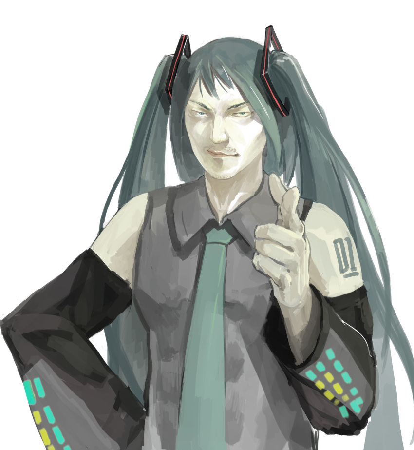 1boy azomo closed_mouth collared_shirt commentary_request detached_sleeves genderswap genderswap_(mtf) green_hair green_neckwear grey_shirt hatsune_miku highres long_hair long_sleeves looking_at_viewer necktie pointing pointing_at_viewer sanpaku shirt shoulder_tattoo simple_background sleeveless sleeveless_shirt smile solo tattoo twintails very_long_hair vocaloid white_background wing_collar