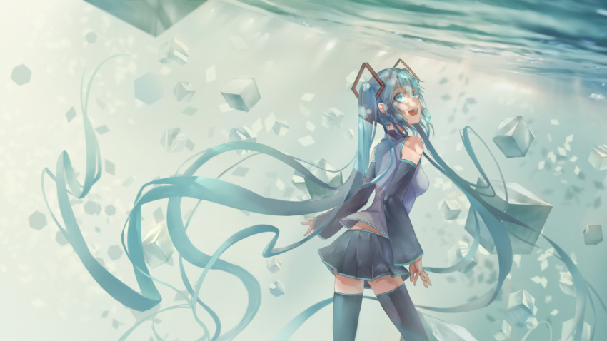 1girl :d absurdly_long_hair azomo bare_shoulders black_legwear black_skirt blue_eyes blue_hair breasts commentary cube detached_sleeves english_commentary from_behind grey_shirt hatsune_miku highres long_hair long_sleeves looking_at_viewer looking_back medium_breasts open_mouth pleated_skirt shirt skirt sleeveless sleeveless_shirt smile solo standing thigh-highs underwater very_long_hair vocaloid zettai_ryouiki