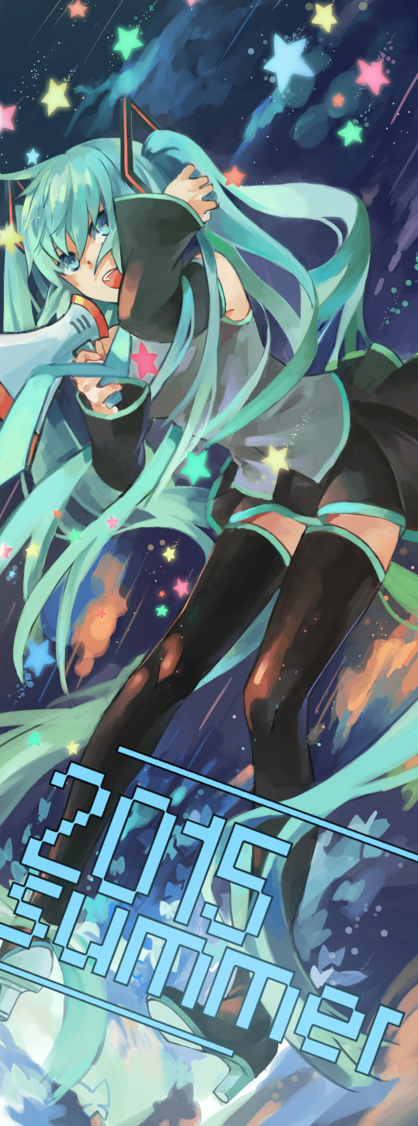 1girl :d absurdly_long_hair absurdres azomo black_legwear blue_eyes blue_hair commentary detached_sleeves english_commentary grey_shirt hand_up hatsune_miku highres holding long_hair long_sleeves looking_at_viewer open_mouth shirt sleeveless sleeveless_shirt smile solo standing thigh-highs twintails very_long_hair vocaloid