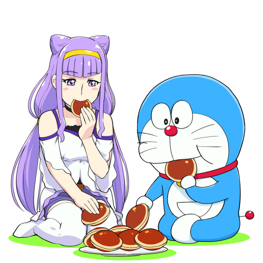 1girl 1other animal bangs cat crossover doraemon doraemon_(character) dorayaki double_bun eating eyebrows_visible_through_hair food hairband hugtto!_precure long_hair low_twintails olm_digital precure purple_hair robot robot_cat ruru_amour shin-ei_animation shogakukan simple_background trait_connection tv_asahi tv_tokyo twintails ueyama_michirou violet_eyes wagashi white_background