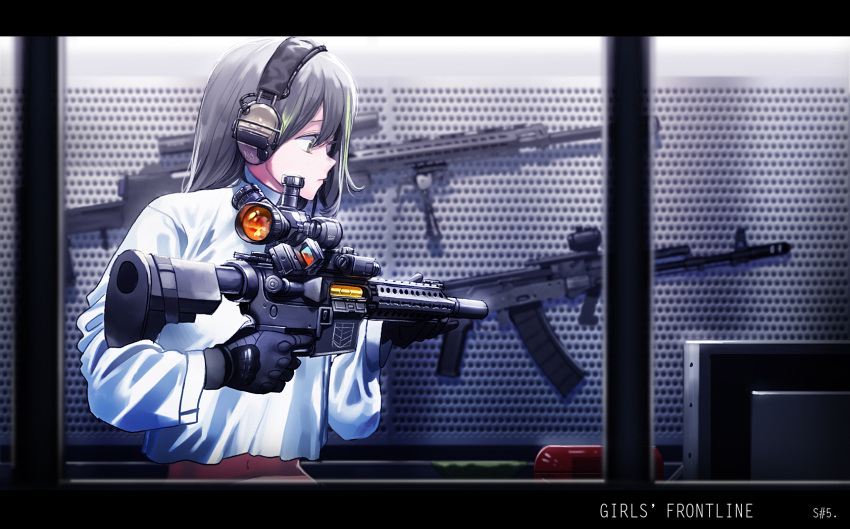1girl assault_rifle bangs black_gloves commentary_request copyright_name ear_protection girls_frontline gloves grey_hair gun hair_between_eyes headphones highres holding holding_gun holding_weapon ihobus long_hair long_sleeves looking_to_the_side m4a1_(girls_frontline) midriff navel profile rifle scope solo standing turtleneck upper_body weapon