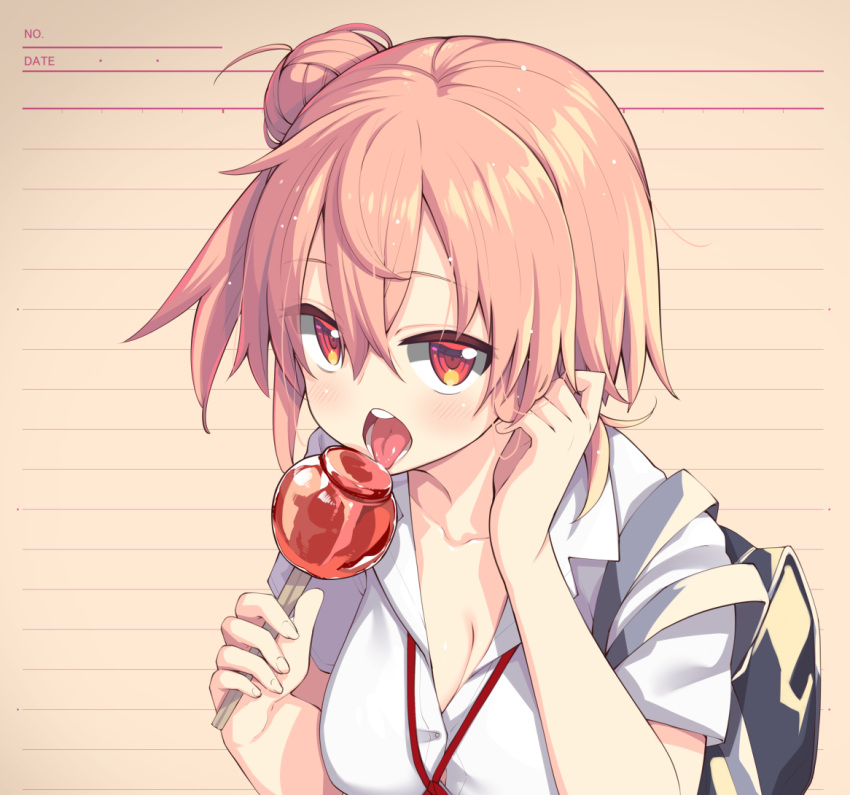 1girl akino_sora arm_up bag bangs blush breasts brown_hair candy_apple cleavage collarbone commentary_request eyebrows_visible_through_hair fingernails food hair_between_eyes hair_bun hair_tucking hand_up holding holding_food looking_at_viewer medium_breasts open_mouth red_eyes round_teeth school_bag shirt side_bun solo teeth upper_teeth white_shirt yahari_ore_no_seishun_lovecome_wa_machigatteiru. yuigahama_yui