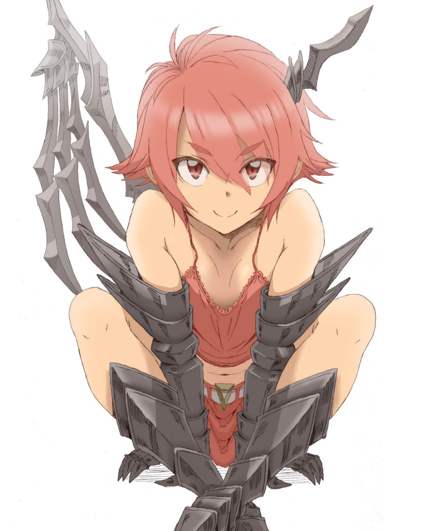1girl armor breasts demon_girl gauntlets greaves highres looking_at_viewer mechanical_pencil original pencil plus_step red_eyes redhead small_breasts smile