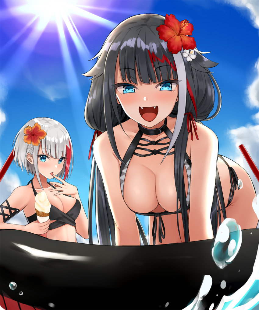 2girls admiral_graf_spee_(azur_lane) alternate_costume azur_lane bangs bikini black_bikini black_hair blue_eyes blue_sky blush breasts cleavage clouds collarbone day deutschland_(azur_lane) eyebrows_visible_through_hair finger_licking flower food hair_flower hair_ornament halter_top halterneck highres holding holding_food ice_cream ice_cream_cone kinokorec large_breasts leaning_forward licking long_hair looking_at_viewer medium_breasts multicolored_hair multiple_girls open_mouth outdoors redhead short_hair side-tie_bikini sidelocks silver_hair sky smile splashing streaked_hair sun sunlight swimsuit tongue tongue_out very_long_hair