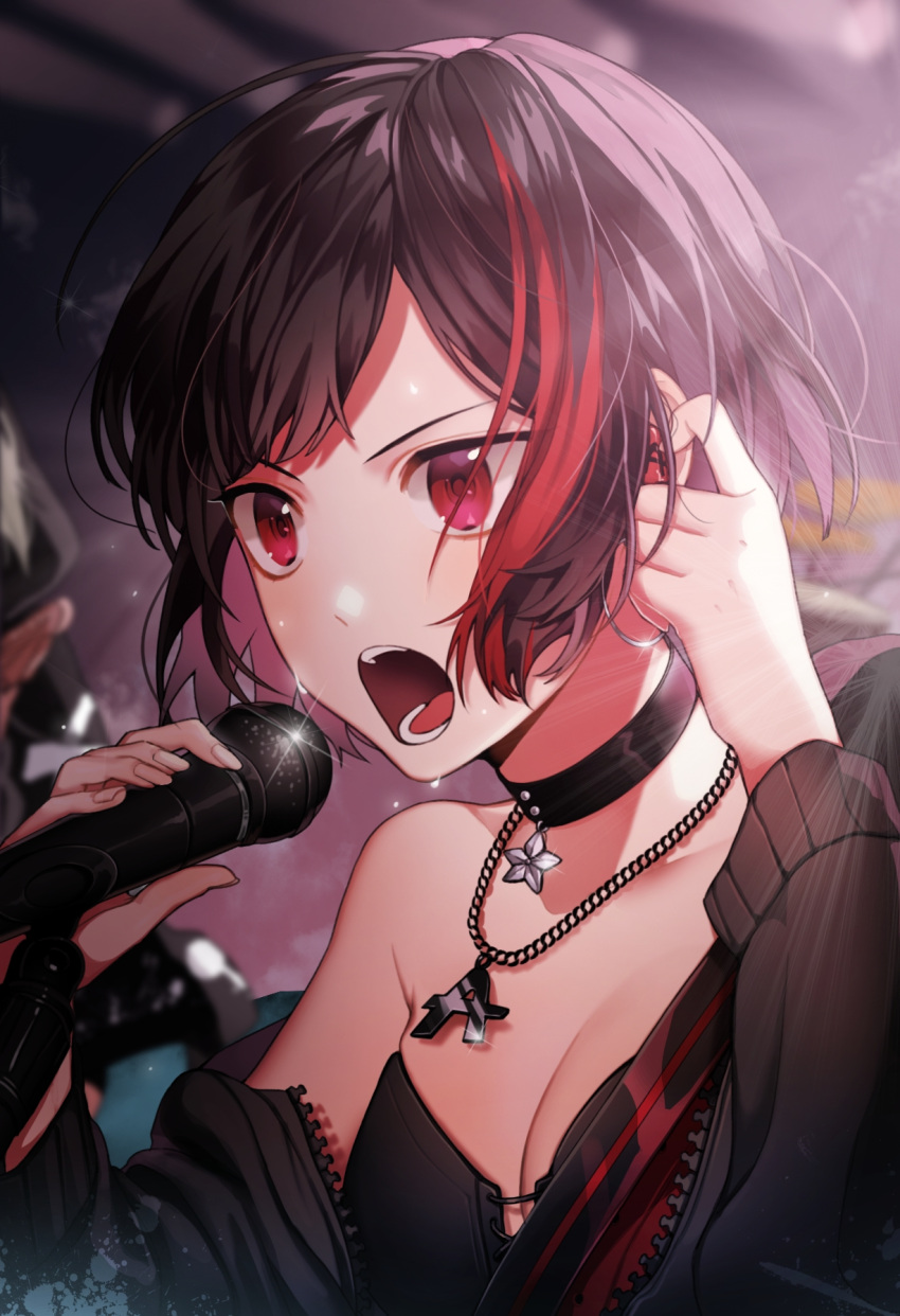 1girl ahoge backlighting bang_dream! bangs bare_shoulders bari_dal black_choker black_hair black_jacket blush breasts choker cleavage close-up earphones fingernails glint hand_up highres holding holding_microphone jacket jewelry long_sleeves medium_breasts microphone mitake_ran multicolored_hair music necklace off_shoulder open_clothes open_jacket open_mouth pendant redhead short_hair singing solo_focus streaked_hair sweat swept_bangs teeth unzipped upper_body v-shaped_eyebrows violet_eyes