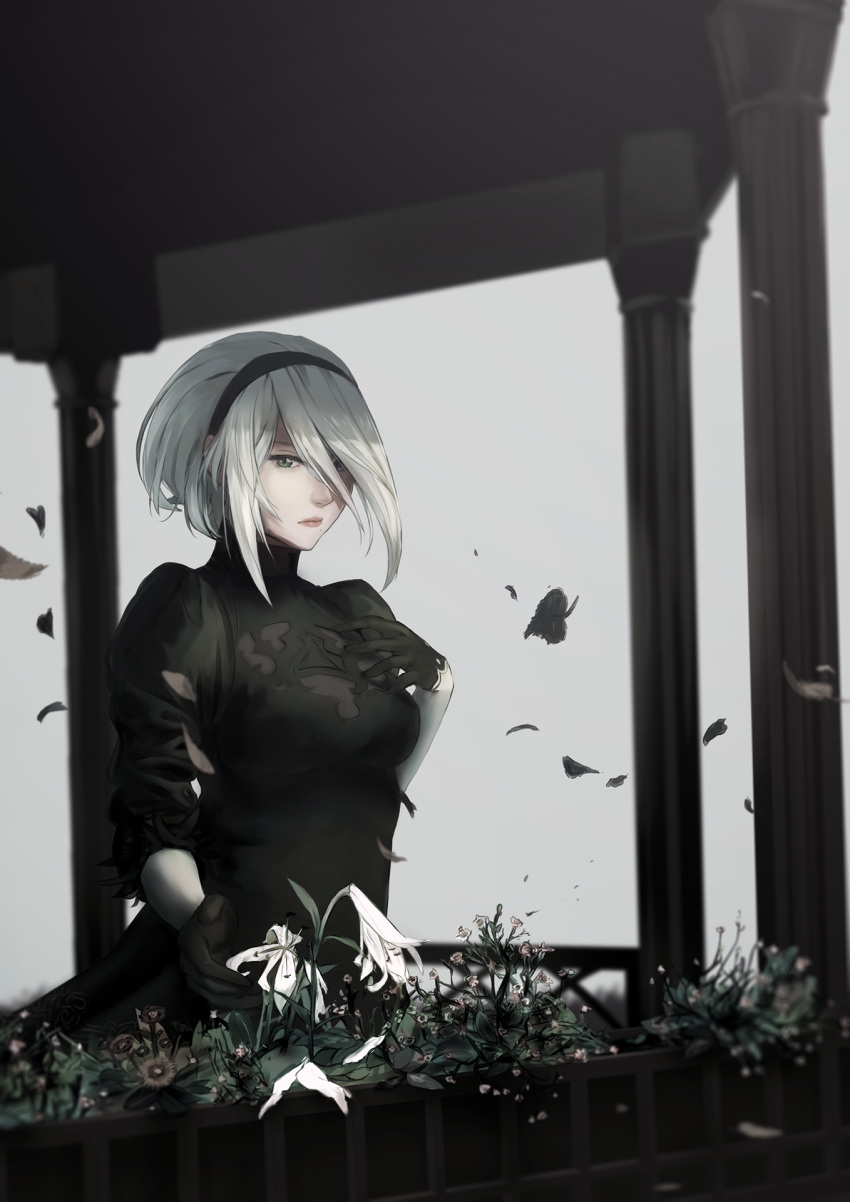 1girl android black_dress black_hairband blue_eyes breasts closed_mouth commentary dress english_commentary facing_viewer falling_feathers falling_leaves feather-trimmed_sleeves flower gloves grey_background hairband hand_on_own_chest highres juliet_sleeves leaf long_sleeves medium_breasts mintbreak mole mole_under_mouth nier_(series) nier_automata pink_lips puffy_sleeves silver_hair standing vambraces yorha_no._2_type_b