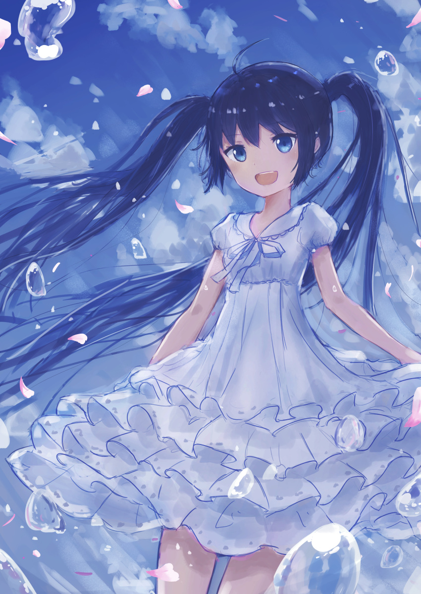 1girl :d absurdres ahoge bangs blue_eyes blue_hair blue_sky blush cherry_blossoms clouds commentary_request coraman day dress eyebrows_visible_through_hair hair_between_eyes highres layered_dress long_hair looking_at_viewer neck_ribbon open_mouth original outdoors petals pleated_dress puffy_short_sleeves puffy_sleeves ribbon short_sleeves sky smile solo twintails upper_teeth very_long_hair water_drop white_dress white_ribbon