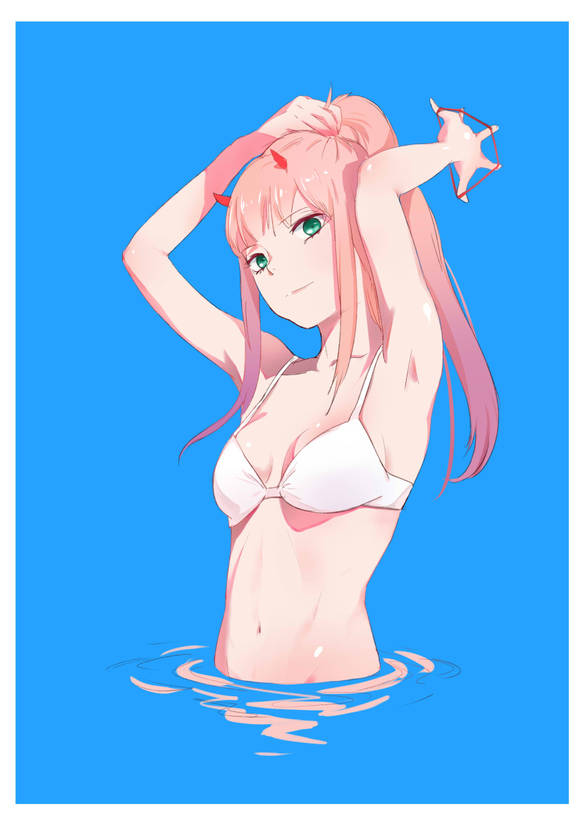 1girl absurdres armpits arms_up blue_background breasts cleavage collarbone darling_in_the_franxx eyebrows_visible_through_hair green_eyes high_ponytail highres horns long_hair navel pink_hair shiny shiny_hair shiny_skin sideboob small_breasts solo tying_hair umumu upper_body very_long_hair white_bikini_top zero_two_(darling_in_the_franxx)