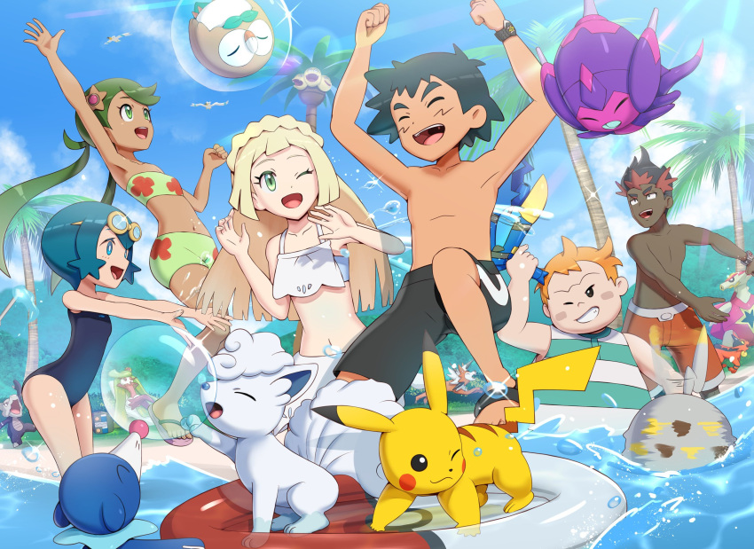 3boys 3girls alolan_exeggutor alolan_marowak alolan_vulpix beach bikini blonde_hair blue_eyes braid bubble charjabug collarbone commentary_request creatures_(company) dark_skin floatie french_braid game_freak gen_1_pokemon gen_3_pokemon gen_7_pokemon goggles gonzarez green_eyes green_hair highres kaki_(pokemon) lillie_(pokemon) lycanroc mamane_(pokemon) mallow_(pokemon) multiple_boys multiple_girls nintendo ocean one-piece_swimsuit one_eye_closed palm_tree pikachu poipole poke_ball_theme pokemon pokemon_(anime) pokemon_(creature) pokemon_sm_(anime) popplio rowlet sarong satoshi_(pokemon) suiren_(pokemon) swimsuit togedemaru torracat tree tsareena turtonator ultra_beast white_sarong wingull