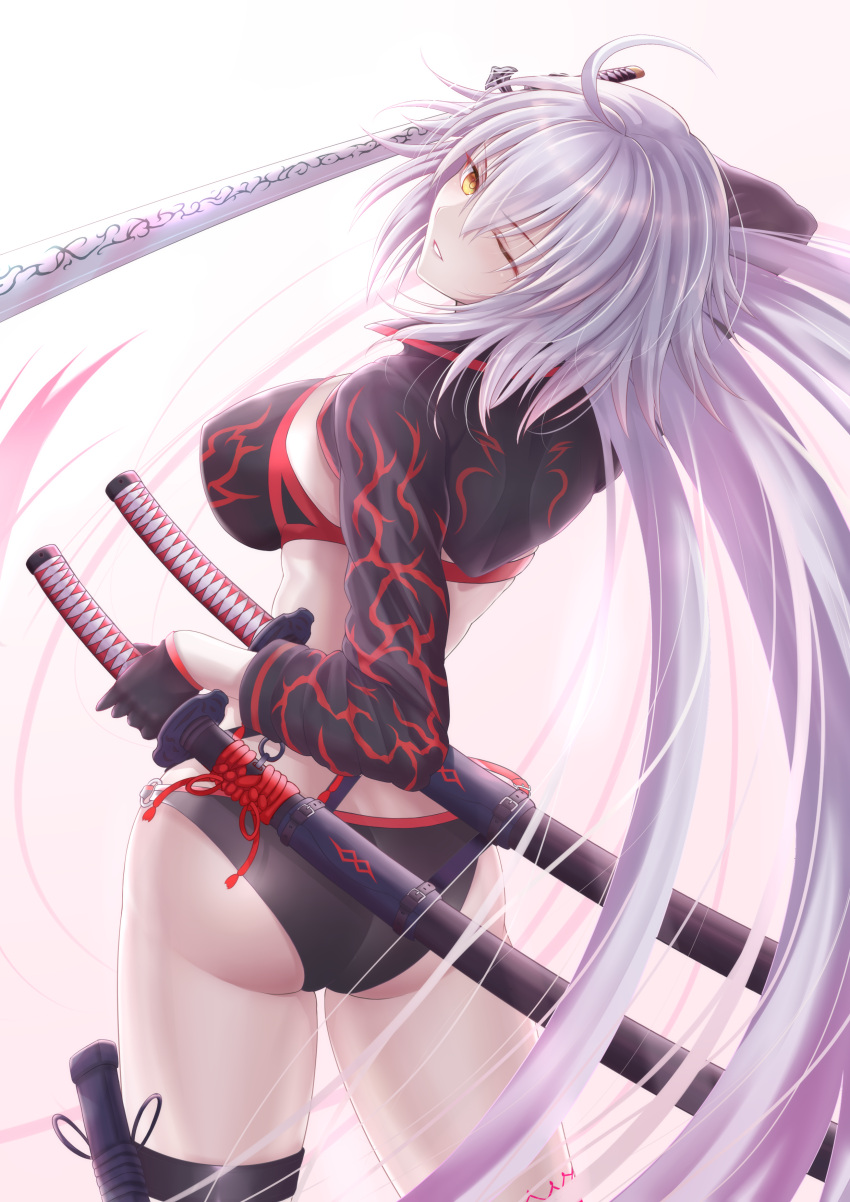 1girl absurdres ahoge arm_up ass bangs bikini black_bikini black_gloves black_legwear breasts commentary_request cropped_jacket eyebrows_visible_through_hair fate/grand_order fate_(series) female_ass flame_print floating_hair from_behind gloves gradient gradient_background hair_between_eyes hand_on_hilt head_tilt highres holding holding_sword holding_weapon jacket jeanne_d'arc_(alter_swimsuit_berserker) jeanne_d'arc_(fate)_(all) katana large_breasts long_hair long_sleeves looking_at_viewer looking_back multiple_swords o-ring o-ring_bottom one_eye_closed pale_skin parted_lips penguintake pink_background print_bikini print_jacket sheath sheathed shiny shiny_hair silver_hair smile solo standing swimsuit sword thigh-highs unsheathed very_long_hair weapon white_background yellow_eyes