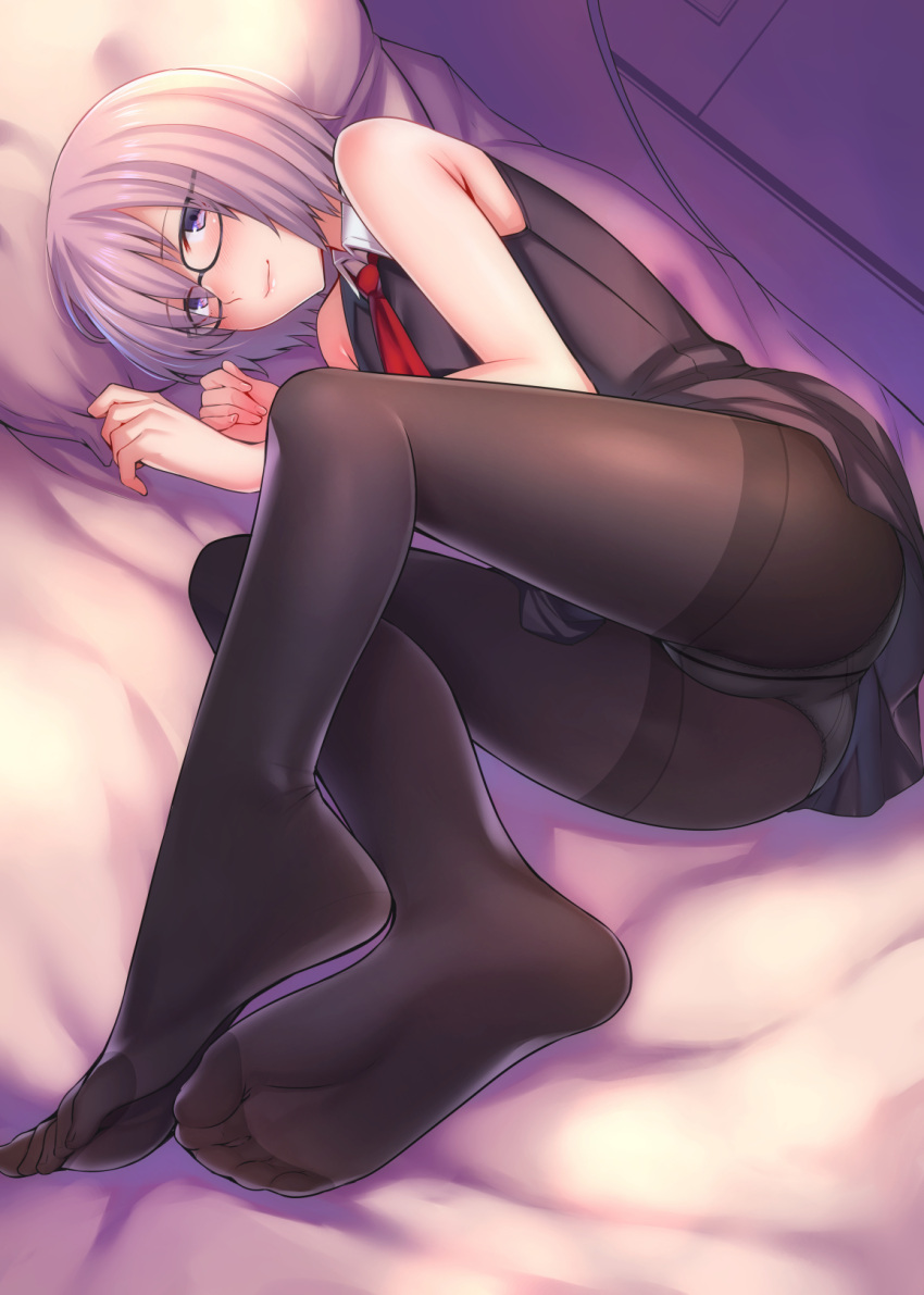 1girl armpit_peek ass bangs bare_arms bare_shoulders bed bed_sheet black-framed_eyewear black_dress black_legwear blush closed_mouth collar collared_dress commentary_request crotch_seam dress eyebrows_visible_through_hair eyes_visible_through_hair fate/grand_order fate_(series) feet fine_fabric_emphasis foreshortening glasses hair_over_one_eye highres indoors kyuuso_inukami lavender_hair legs_together lips looking_at_viewer lying lying_on_bed mash_kyrielight necktie no_shoes on_bed on_side panties panties_under_pantyhose pantyhose pillow pov_feet red_neckwear shiny shiny_hair short_hair sleeveless sleeveless_dress smile soles solo thighband_pantyhose toenails toes underwear violet_eyes white_collar