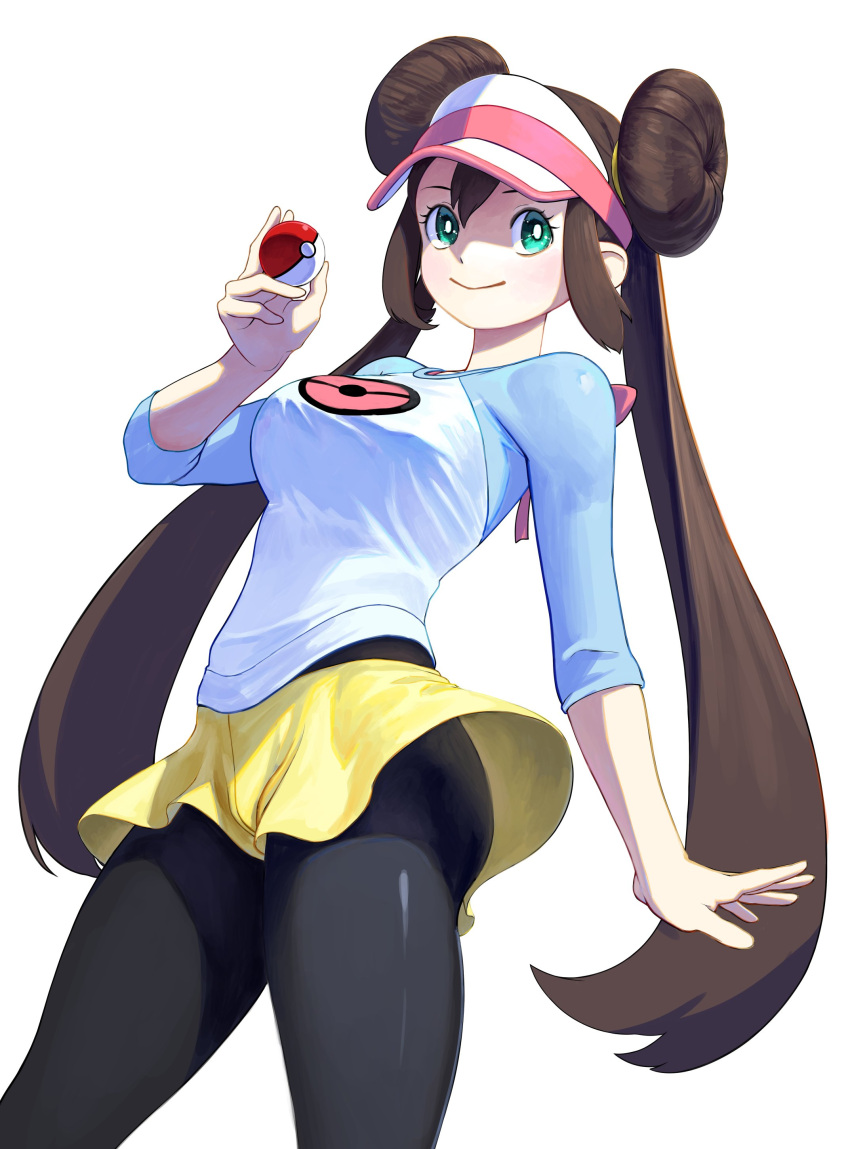 1girl absurdres black_legwear bow breasts brown_hair commentary_request double_bun green_eyes highres holding holding_poke_ball legwear_under_shorts long_hair medium_breasts mei_(pokemon) pantyhose pink_bow poke_ball poke_ball_(generic) pokemon pokemon_(game) pokemon_bw2 raglan_sleeves shirt short_shorts shorts smile solo taut_clothes taut_shirt thighs turiganesou800 twintails very_long_hair visor_cap yellow_shorts