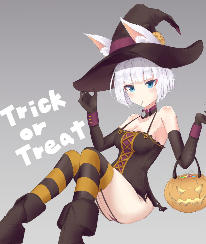 1girl absurdres animal_ear_fluff animal_ears arm_up azur_lane bangs bare_shoulders black_dress black_footwear black_gloves blue_eyes blunt_bangs blush boots breasts brown_hat candy cleavage closed_mouth commentary_request coraman dress ears_through_headwear elbow_gloves eyeliner food food_in_mouth fox_ears garter_straps gloves grey_background halloween halloween_basket hand_on_headwear hand_up hat highres jack-o'-lantern kaga_(azur_lane) lollipop looking_at_viewer makeup medium_breasts mouth_hold panties purple_panties short_hair silver_hair simple_background sleeveless sleeveless_dress solo striped striped_legwear thigh-highs torn_clothes torn_dress trick_or_treat underwear witch_hat