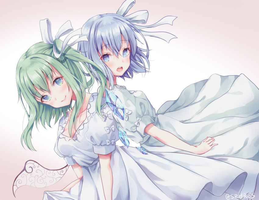 2girls alternate_costume back-to-back blue_dress blue_eyes blue_hair blush bow breasts cirno cleavage daiyousei dress dutch_angle fairy_wings green_eyes green_hair hair_bow happy head_tilt ice ice_wings looking_at_viewer looking_to_the_side multiple_girls open_mouth shiromoru_(yozakura_rety) side_ponytail signature simple_background smile touhou twitter_username white_dress wings