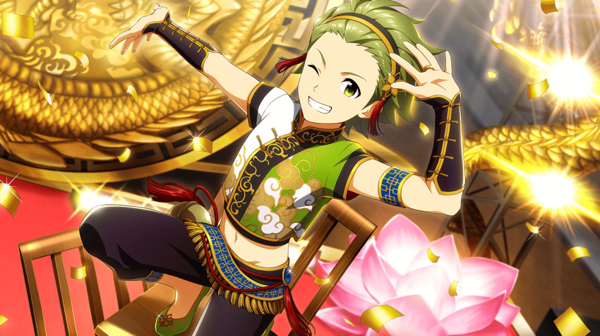 dress festival green_hair idolmaster idolmaster_side-m idolmaster_side-m_live_on_stage mitarai_shouta short_hair smile wink yellow_eyes