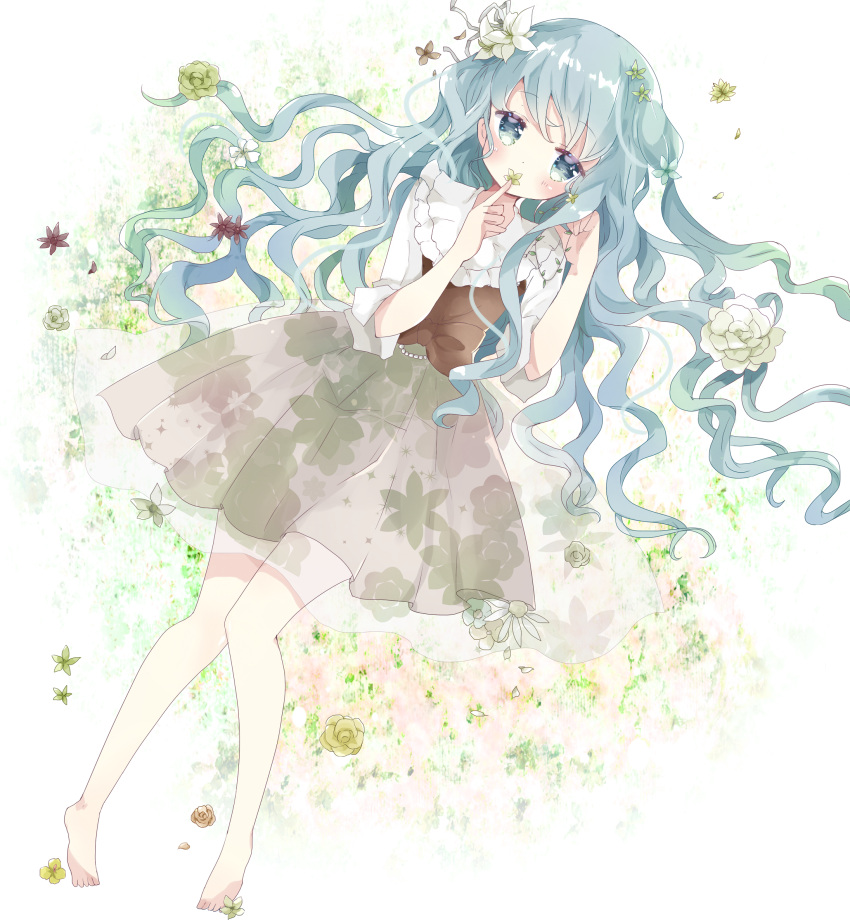 1girl bangs barefoot blue_eyes blue_hair blush bow brown_bow brown_footwear commentary covered_mouth eyebrows_visible_through_hair floral_print flower green_flower hair_flower hair_ornament hand_up highres long_hair looking_at_viewer lying on_back original pleated_skirt see-through shirt short_sleeves skirt solo symbol_commentary tsukiyo_(skymint) very_long_hair white_flower white_shirt