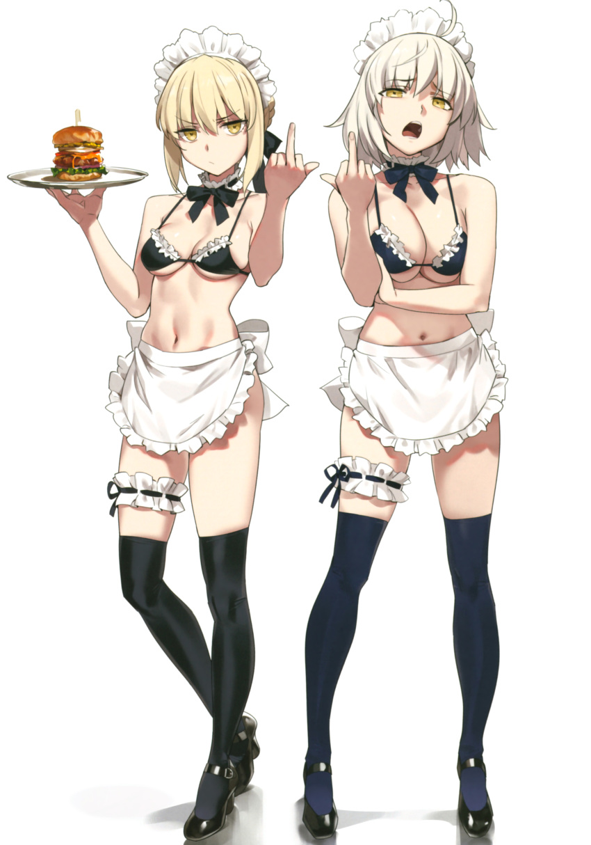 2girls absurdres ahoge apron artoria_pendragon_(all) artoria_pendragon_(swimsuit_rider_alter) bangs bikini black_bikini blonde_hair braid breasts cleavage eyebrows_visible_through_hair fate/grand_order fate_(series) food french_braid frilled_apron frilled_bikini_top frills full_body hamburger high_heels highres incredibly_absurdres jeanne_d'arc_(alter)_(fate) jeanne_d'arc_(fate)_(all) large_breasts leg_garter looking_at_viewer maid_bikini maid_headdress medium_breasts middle_finger multiple_girls navel open_mouth orange_maru pale_skin scan short_hair silver_hair simple_background standing swimsuit thigh-highs thigh_strap tray unamused waist_apron white_background yang-do yellow_eyes