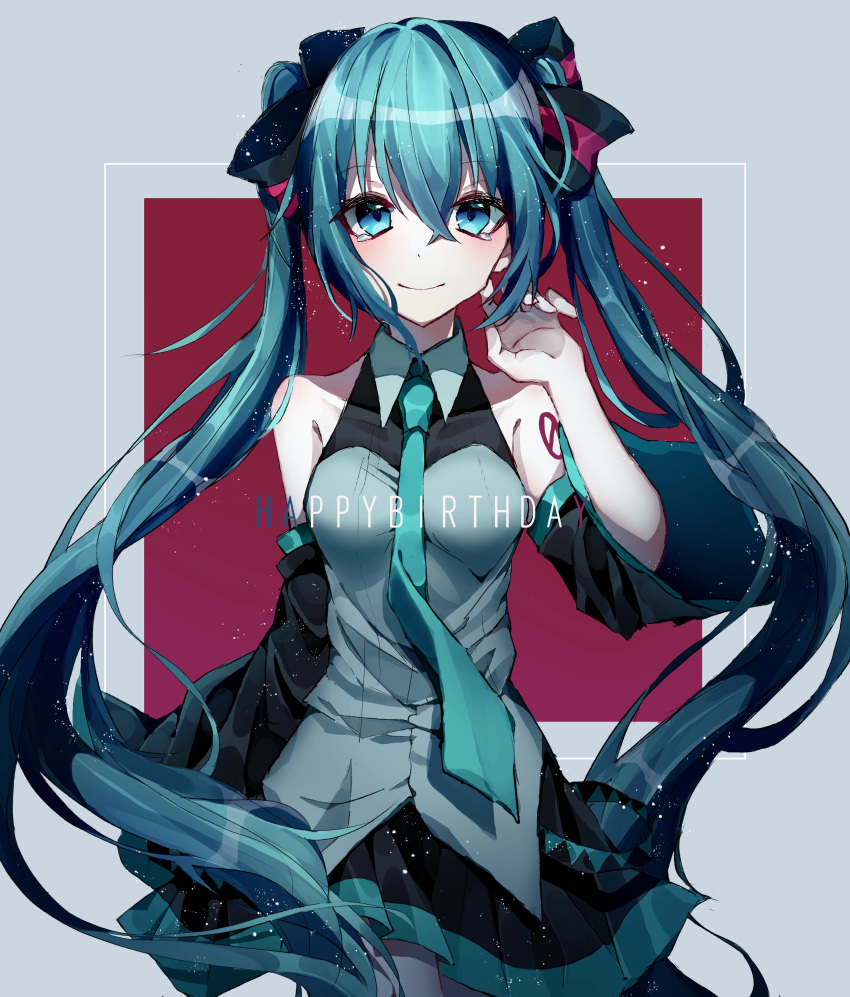 1girl absurdly_long_hair absurdres black_bow black_skirt blue_eyes blue_hair blue_neckwear bow cowboy_shot detached_sleeves floating_hair grey_shirt hair_between_eyes hair_bow happy_birthday hatsune_miku highres long_hair looking_at_viewer miniskirt necktie pleated_skirt shiny shiny_hair shirt skirt sleeveless sleeveless_shirt smile solo standing tears twintails very_long_hair vocaloid