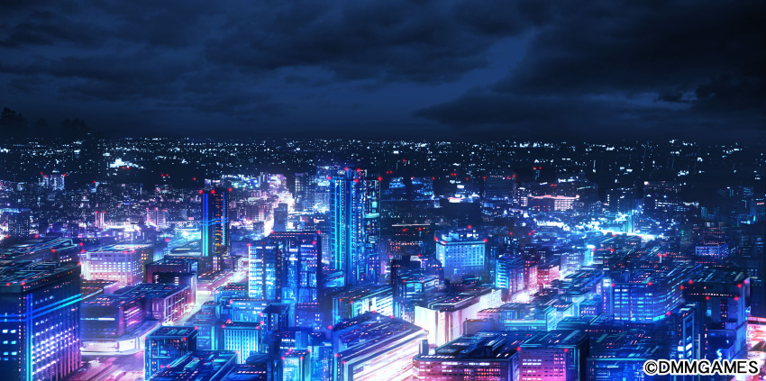 absurdres city city_lights cityscape clouds cloudy_sky copyright_name dark dmm highres night no_humans original rapt_(47256) road scenery sky street tree