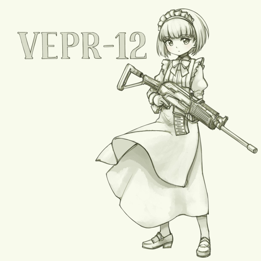 1girl apron assault_rifle bow bowtie closed_mouth dress eyebrows_visible_through_hair frills grey_background greyscale gun highres holding holding_gun holding_weapon juliet_sleeves loafers long_dress long_sleeves maid maid_apron maid_headdress monochrome original pas_(paxiti) puffy_sleeves rifle shoes short_hair simple_background solo vepr-12 weapon