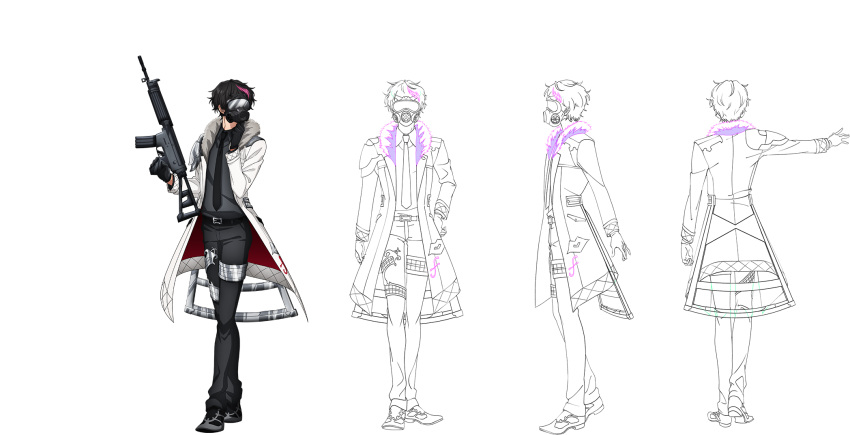black_footwear black_gloves black_hair coat concept_art f_(senjuushi) from_behind full_body fur_collar gas_mask gloves gun hand_on_hip hand_up highres holding holding_gun holding_weapon majiro_(mazurka) male_focus multicolored_hair multiple_views necktie official_art pink_hair senjuushi:_the_thousand_noble_musketeers short_hair shoulder_armor standing streaked_hair thighlet turnaround weapon