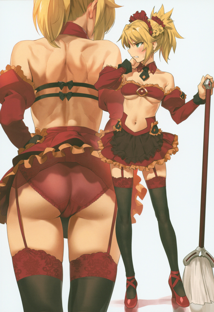 1girl absurdres ass back bare_shoulders black_legwear blonde_hair breasts broom detached_sleeves fate/apocrypha fate_(series) from_behind garter_belt garter_straps gold_trim green_eyes hand_on_own_cheek hidden_face high_heels highres hips holding holding_broom incredibly_absurdres lace lace-trimmed_thighhighs medium_breasts miniskirt mordred_(fate) mordred_(fate)_(all) multiple_views navel panties ponytail profile red_footwear red_panties red_skirt simple_background skirt stomach sweatdrop thigh-highs thighs under_boob underwear upskirt waist white_background yang-do