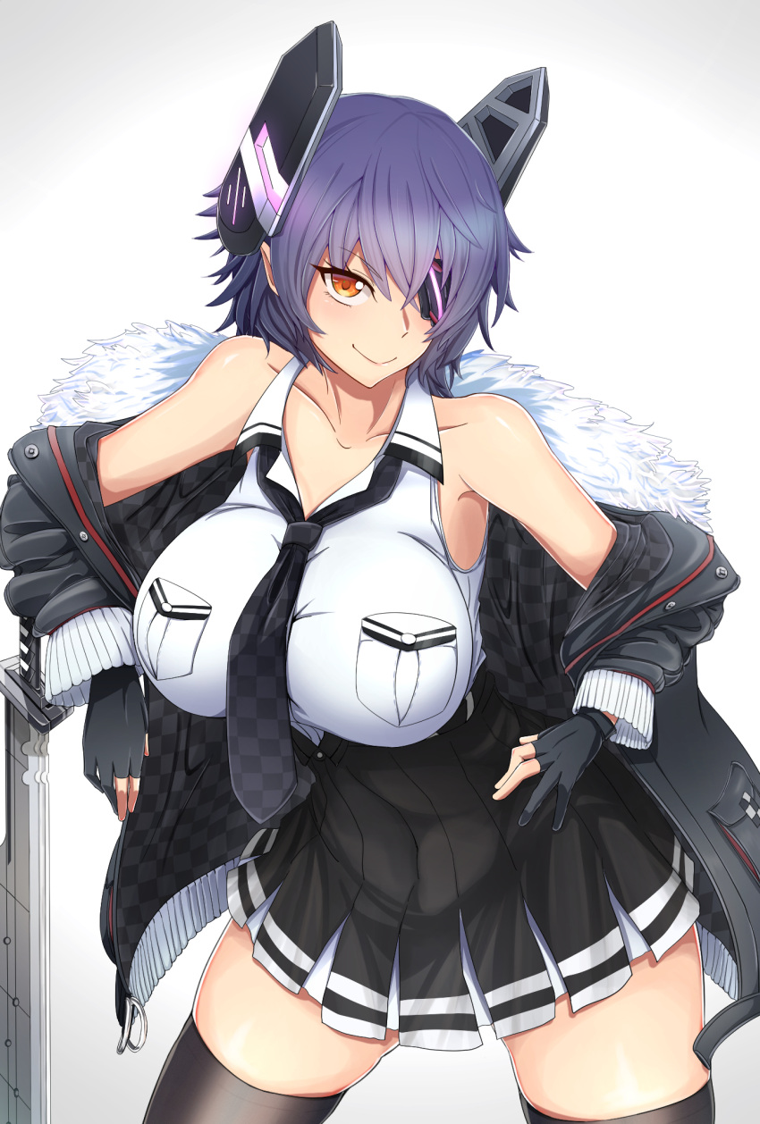 1girl bare_shoulders black_gloves black_jacket black_legwear breasts checkered checkered_neckwear closed_mouth eyebrows_visible_through_hair eyepatch fingerless_gloves gloves gradient gradient_background headgear high-waist_skirt highres holding holding_weapon jacket kantai_collection kasoku_souchi large_breasts looking_at_viewer necktie orange_eyes partly_fingerless_gloves purple_hair remodel_(kantai_collection) shirt short_hair skirt sleeveless sleeveless_shirt smile solo sword tenryuu_(kantai_collection) thigh-highs weapon