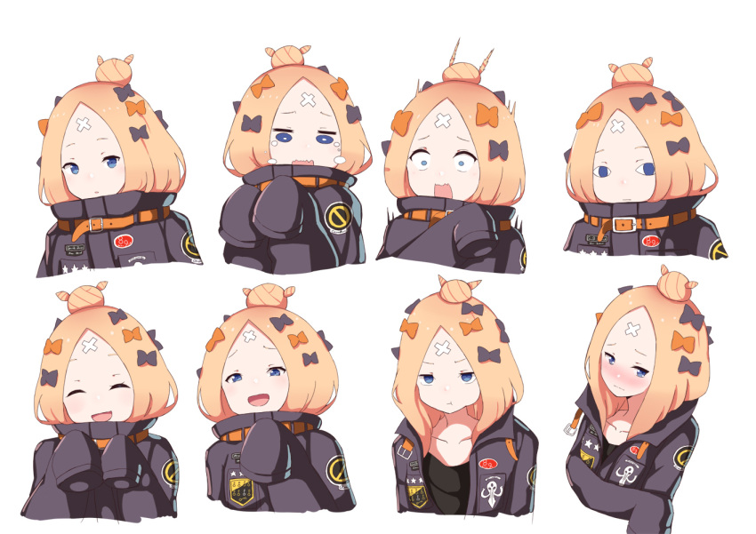 &lt;o&gt;_&lt;o&gt; 1girl :d :t ^_^ abigail_williams_(fate/grand_order) bangs black_bow black_jacket black_shirt blonde_hair blue_eyes blush bow closed_eyes closed_eyes closed_mouth collarbone commentary_request crossed_bandaids crying crying_with_eyes_open expressions facing_viewer fate/grand_order fate_(series) forehead hair_bow hair_bun hands_up head_tilt heroic_spirit_traveling_outfit jacket key long_hair long_sleeves looking_at_viewer multiple_views nose_blush open_clothes open_jacket open_mouth orange_bow parted_bangs parted_lips pikunoma polka_dot polka_dot_bow pout shirt sleeves_past_fingers sleeves_past_wrists smile star surprised tears v-shaped_eyebrows wavy_mouth