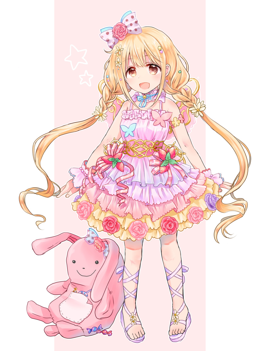 1girl :d armlet arms_at_sides bangs bare_shoulders bell bell_choker blonde_hair blue_bow blue_ribbon blush body_blush bow bracelet braid butterfly_ornament candy chii_(sbshop) choker daisy dot_nose dress eyebrows_visible_through_hair fairy_wings fake_wings fingernails flower food frilled_choker frilled_dress frills fruit full_body futaba_anzu hair_bow hair_flower hair_ornament highres idolmaster idolmaster_cinderella_girls idolmaster_cinderella_girls_starlight_stage jewelry layered_dress leg_ribbon lollipop long_hair looking_at_viewer multicolored multicolored_clothes multicolored_dress neck_ribbon open_mouth out_of_frame outline pearl pearl_bracelet pigeon-toed pink_background pink_belt pink_bow pink_choker pink_dress pink_flower pink_ribbon pink_rose pink_wings polka_dot polka_dot_bow purple_bow purple_dress purple_footwear purple_ribbon red_flower red_rose ribbon rose sandals sidelocks skirt sleeveless sleeveless_dress smile solo spaghetti_strap standing star strawberry stuffed_animal stuffed_bunny stuffed_toy tareme toes twin_braids twintails very_long_hair wings wrist_cuffs yellow_eyes yellow_skirt