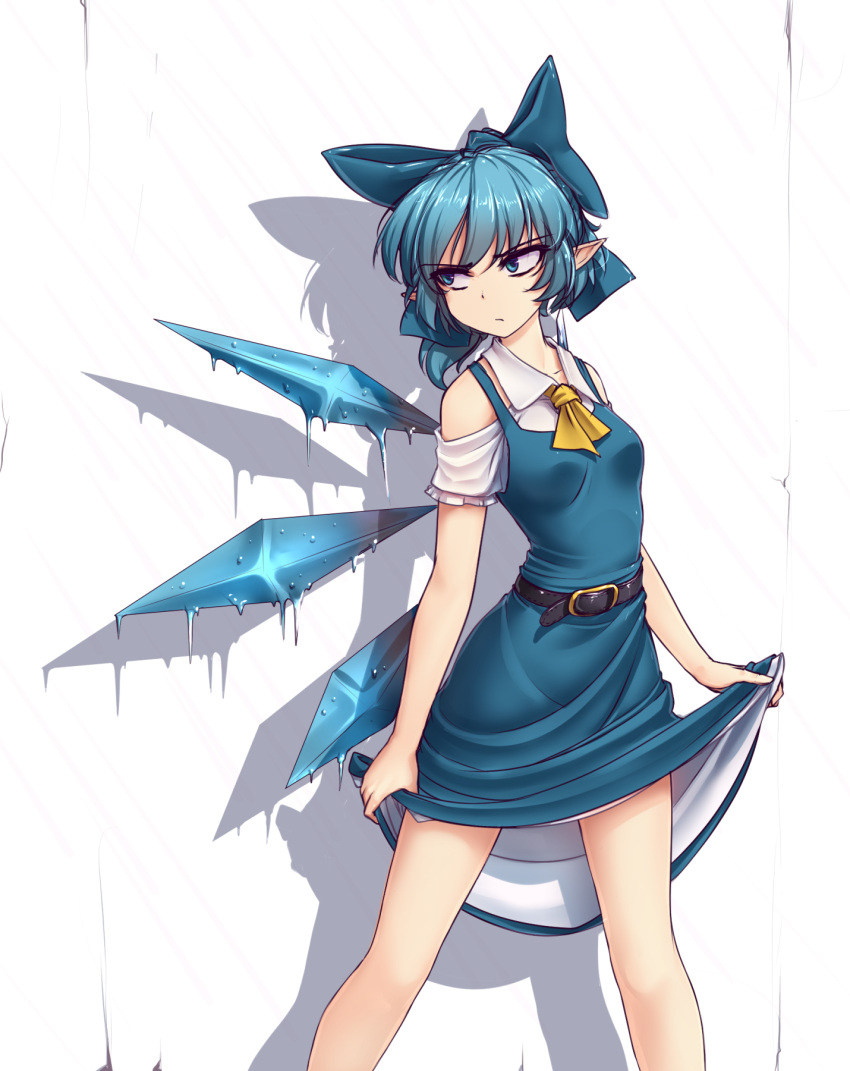 &gt;:( 1girl adapted_costume ascot bangs bare_shoulders belt blue_bow blue_dress blue_eyes blue_hair bow breasts cirno collarbone commentary dress english_commentary eyebrows_visible_through_hair feet_out_of_frame hair_bow hater_(hatater) highres ice ice_wings looking_to_the_side medium_breasts pinafore_dress pointy_ears shadow shirt short_hair short_sleeves shoulder_cutout skirt_hold solo standing thighs touhou v-shaped_eyebrows wet white_shirt wings yellow_neckwear