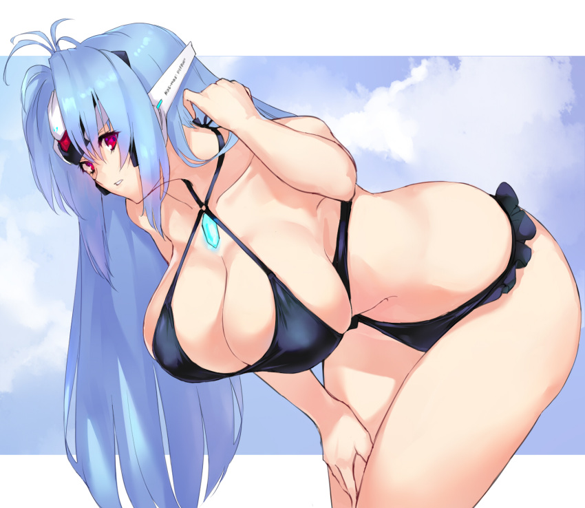 1girl android antenna_hair bending_forward bikini black_bikini blue_hair breasts cleavage clouds commentary_request criss-cross_halter halterneck hanging_breasts headgear highres kos-mos kos-mos_re: large_breasts leaning_forward long_hair looking_at_viewer negresco parted_lips red_eyes sky solo standing swimsuit xenoblade_chronicles_(series) xenoblade_chronicles_2 xenosaga